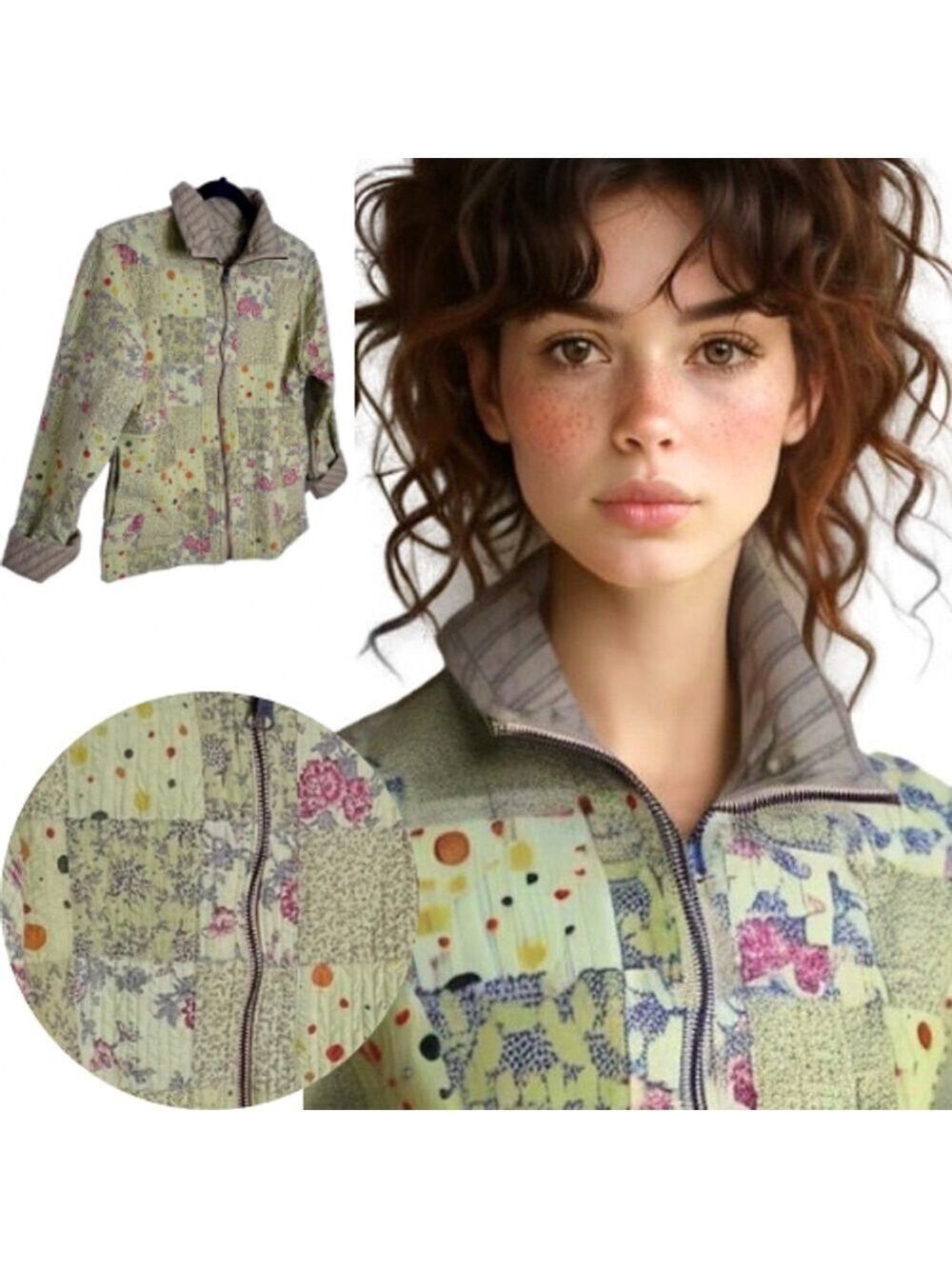 Parsley & Sage Reversible Quilted Jacket Patchwork Mustard Yellow Olive Floral M